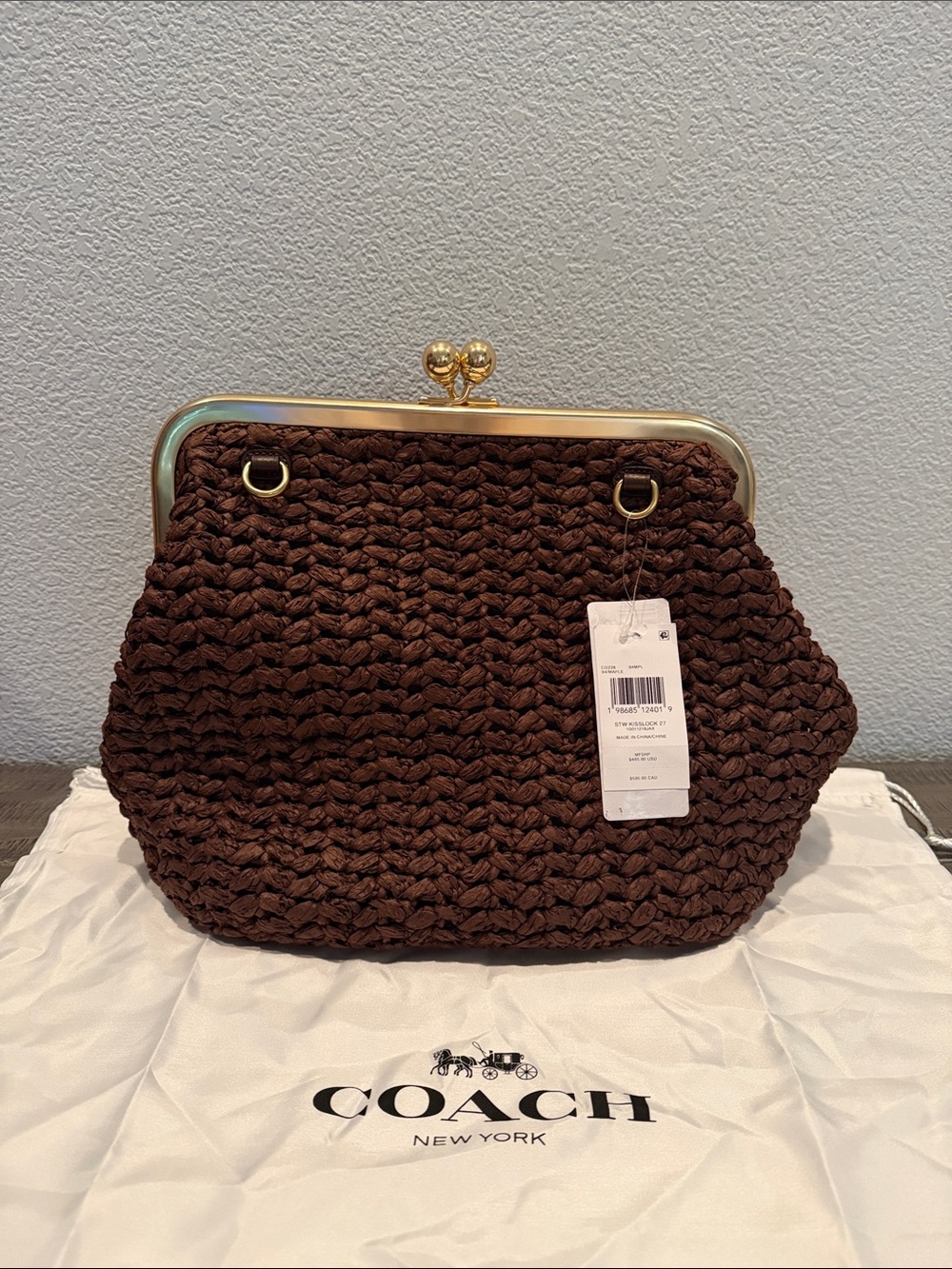 Coach Kisslock 27 Frame Shoulder Raffia Bag in Brown NWT